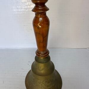 Vintage Engraved Brass Bell with Wooden Handle, 9 in Made in India